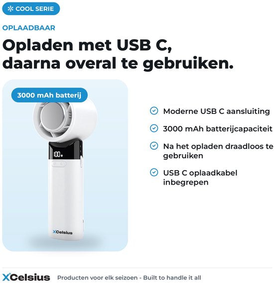 XCelsius® Handventilator - Draagbare Mini Ventilator Opvouwbaar - Oplaadbaar met USB-C - 0% tot 100% traploos instelbaar - Met Instant Koelplaat - Wit