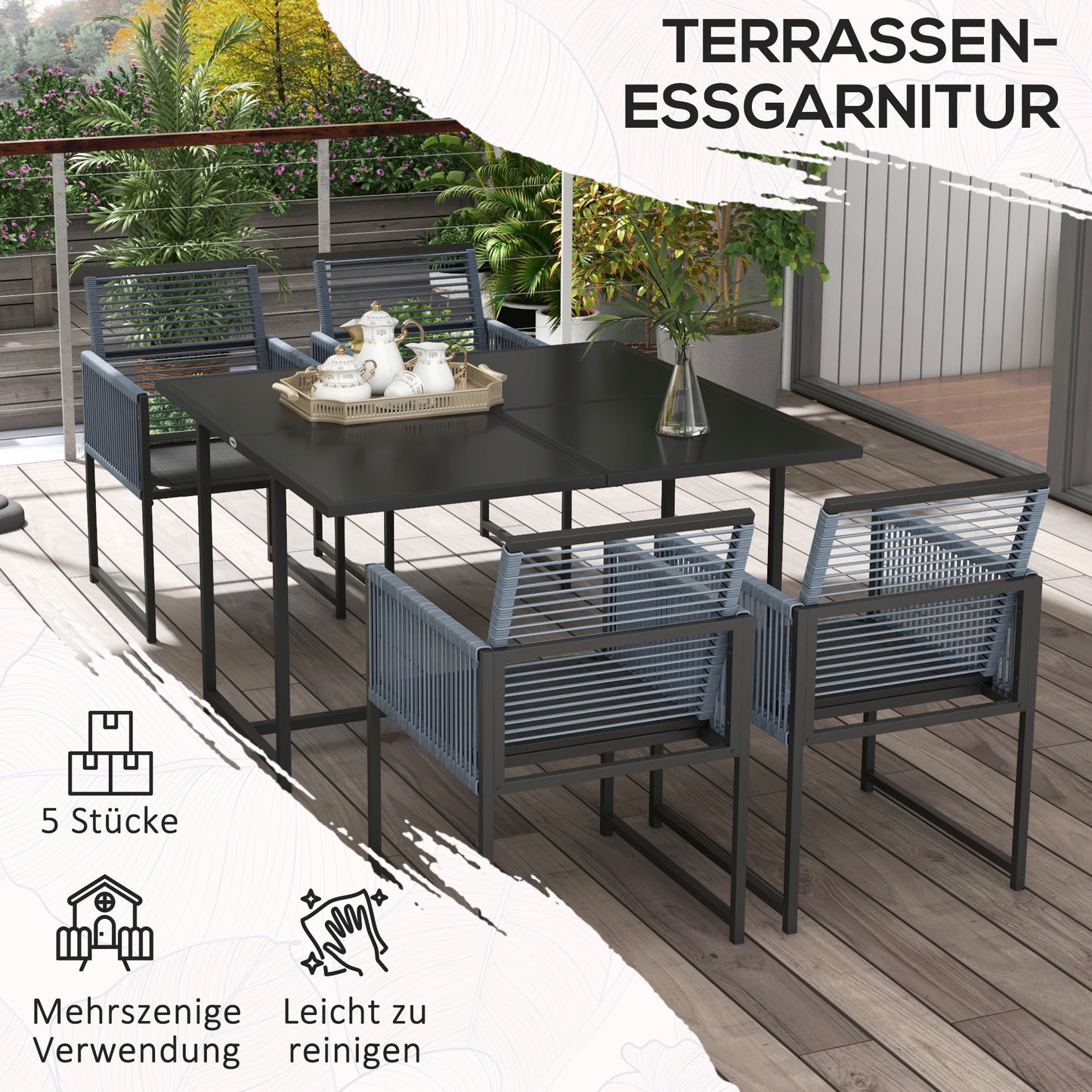 Outsunny 5-delige Tuinmeubelset voor 4 Personen - Tafel 120 x 120 x 72 cm - 4 Opvouwbare Stoelen - Gehard Glas - Donkergrijs