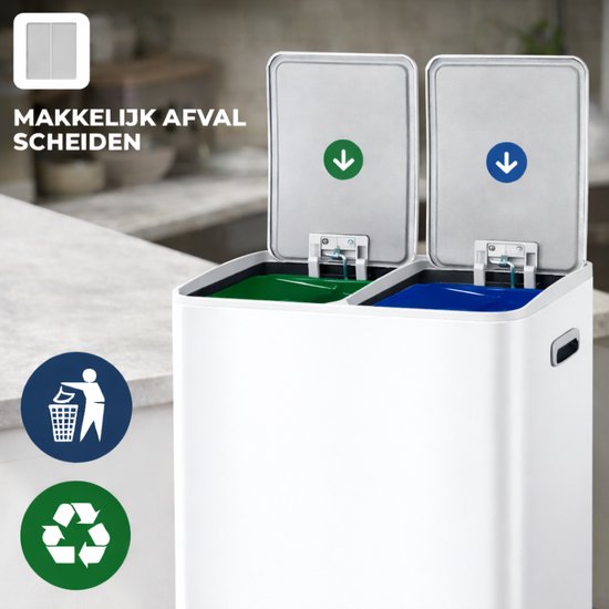 Bayt Prullenbak - Prullenbak 60 Liter (2x30) - Vuilnisbak 60 Liter - Pedaalemmer 60 Liter - Prullenbak Afvalscheiding - Prullenbak 2 Vakken - Afvalbak - RVS - Wit