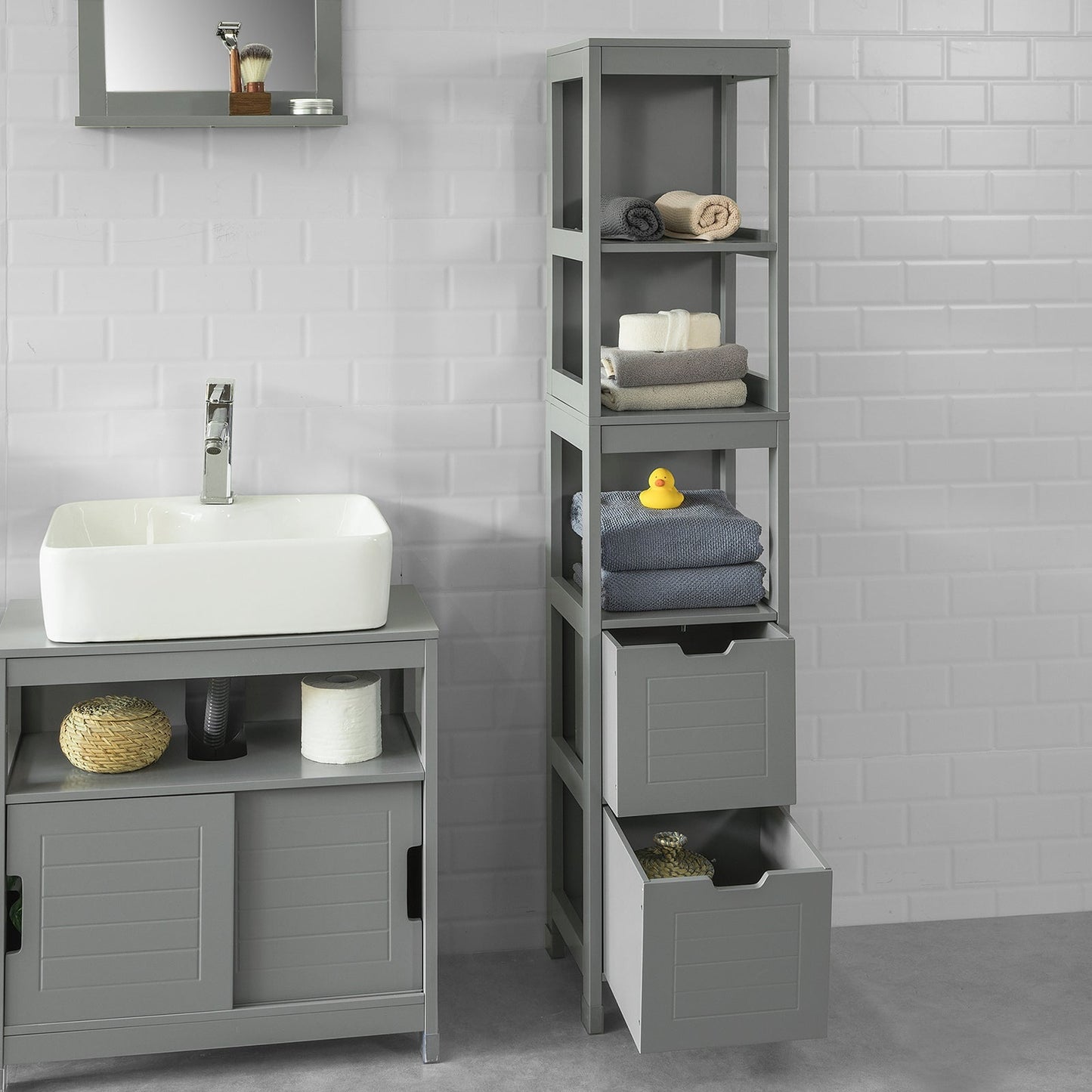 SoBuy Hoge Badkamerkast Met Voetkussen - 2 Lades - Grijs - 30x30x145cm