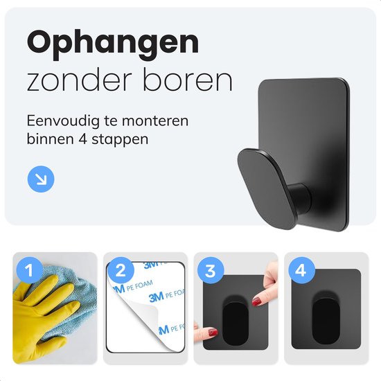 Zelfklevende Handdoekhaakjes - 1 stuk - Mat zwart - Handdoekhouder Badkamer - handdoekklemmetjes - Wandhaken - Deurhaken - Ophangsysteem Schilderijen - Plakhaakjes - Kapstokhaak - Zuignap Met Haak