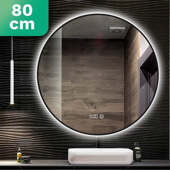 Mirlux Badkamerspiegel - LED Verlichting & Verwarming – Anti Condens - Wandspiegel Rond - Mat Zwart - 80CM