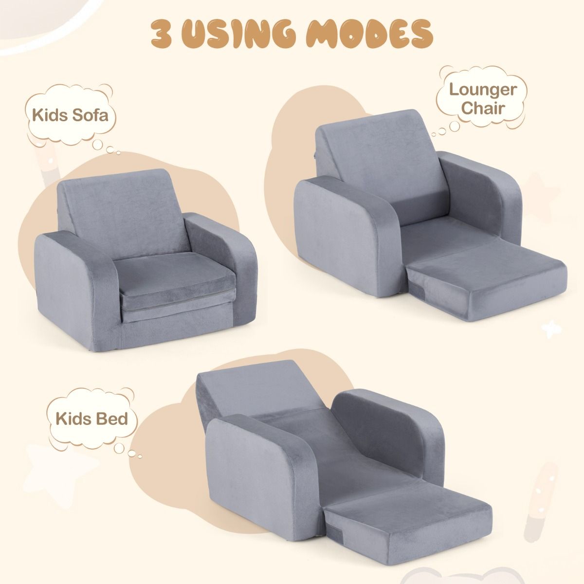 Coast Uitklapbare Kinderbank - 3-in-1 Kinderbank, Loungestoel en Kinderbed - Ultrazacht kristalvelours - Grijs