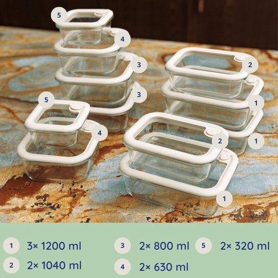 Safecourt vershoudbakjes - volledig van glas (100% micro-plastic vrij) - oven, vriezer, magnetron en vaatwasser - 11 delige set