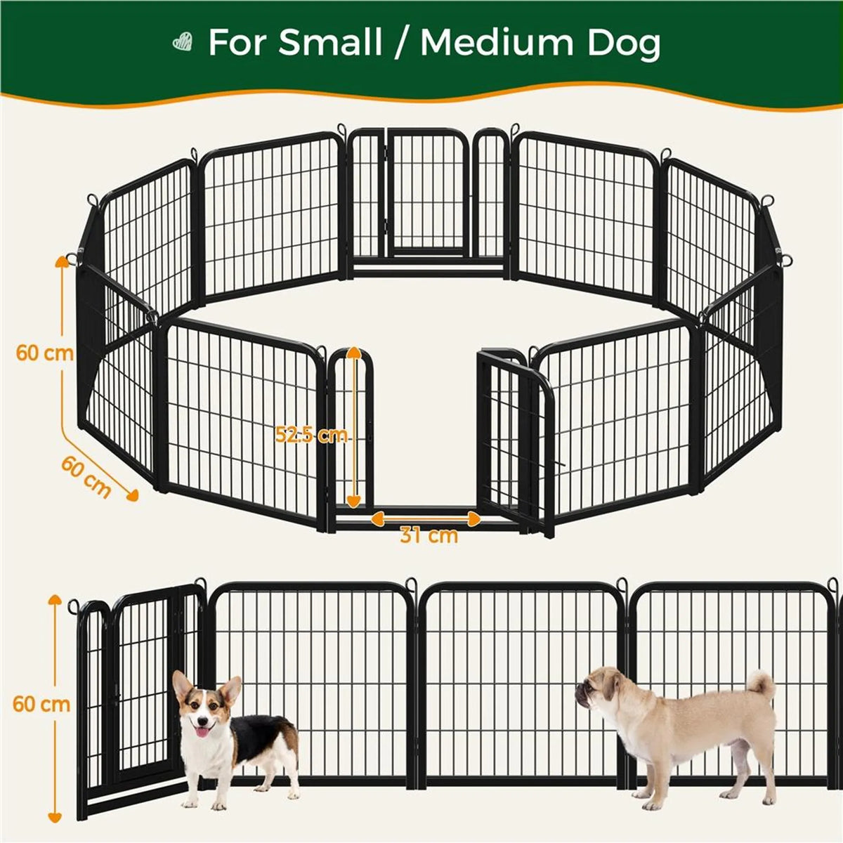 Yaheetech Puppyren 12-delig – 246 × 122 × 60,5 cm – Zwart – Opvouwbaar met Deur