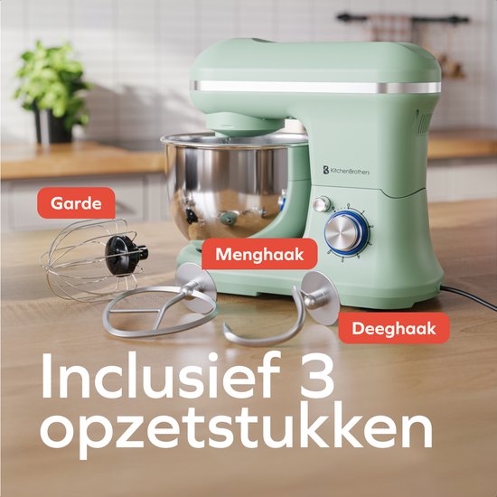 KitchenBrothers Keukenmachine - 1200W - Keukenrobot - 5L - Broodmixer - Mixer met Mengkom - Keukenmixer - Pastelgroen