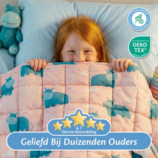 Ella Verzwaringsdeken Kind 3,2kg - OEKO-TEX Katoen Zwaartedeken 100 x 150cm - Weighted Blanket - Verzwaarde Deken Roze Nijlpaard