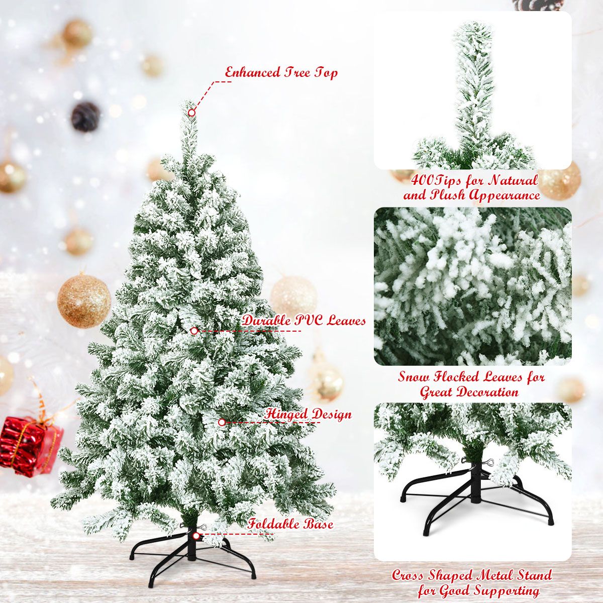 Coast Besneeuwde Kunstkerstboom Wit/Groen – 137 cm – Met 400 Takpunten en Opvouwbare Metalen Standaard