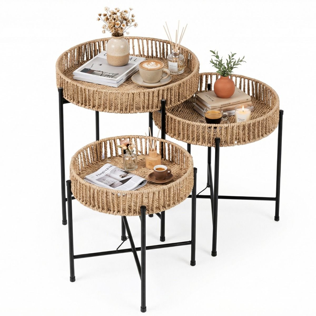 Coast Bijzettafelset rond - handgevlochten boho vlechtwerk - metalen poten - naturel - set van 3