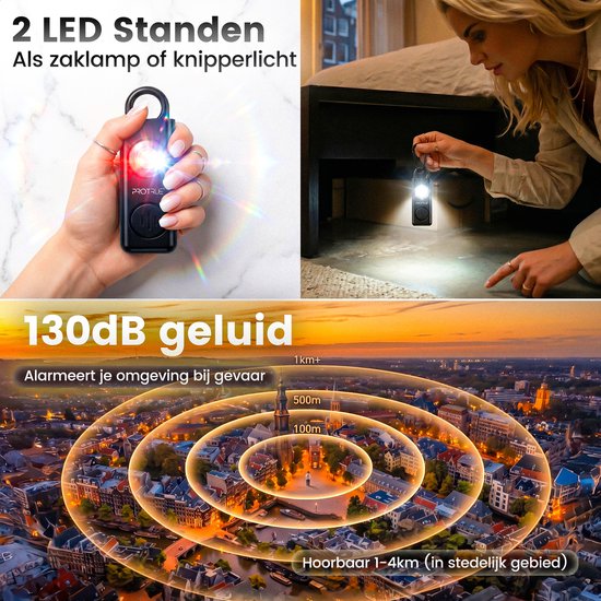 Persoonlijk Alarm - Zelfverdediging Sleutelhanger - 130dB Zakalarm met Zaklamp - Pepperspray - Oplaadbaar