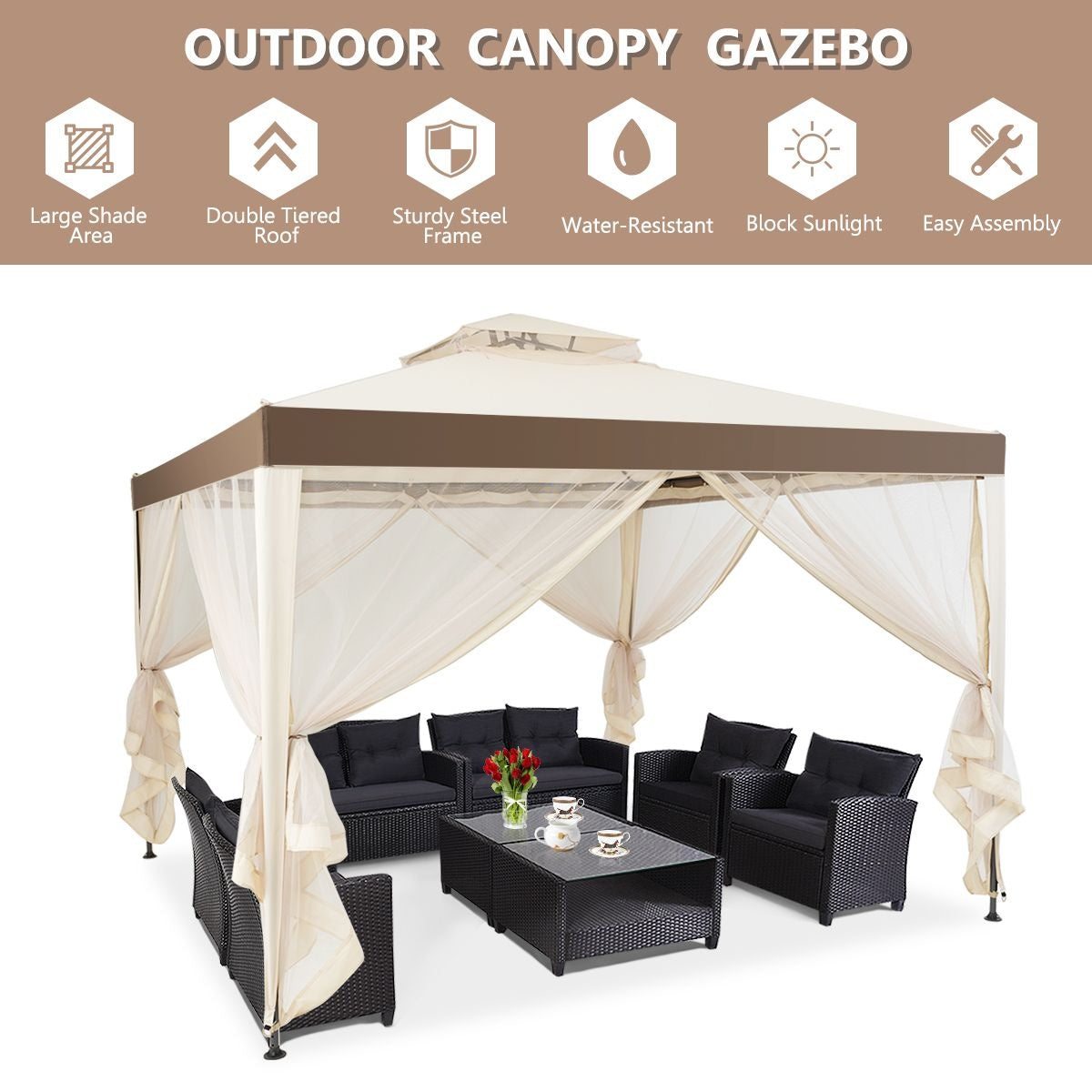 Coast Partytent - Paviljoen - 4 Zijwanden - Waterdicht - 300 x 300 x 265 cm - Beige