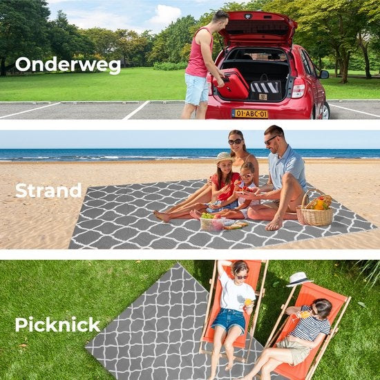 LifeGoods Buitenkleed - 152x230CM - Vloerkleed - Tuintapijt - Buitentapijt - Omkeerbaar - Incl. Draagtas - Met Patroon - Grijs/Wit