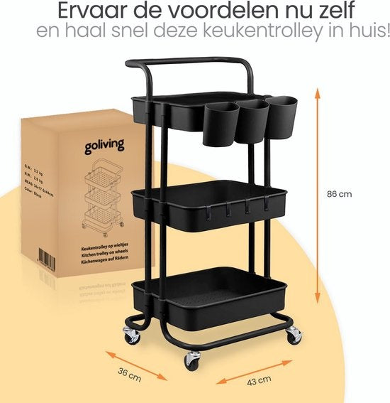 Goliving Keukentrolley op wieltjes - Serveerwagen - Keuken Trolley - Met Haakjes en Bakjes - Verrijdbaar en Vast - 3 Lagen - Zwart