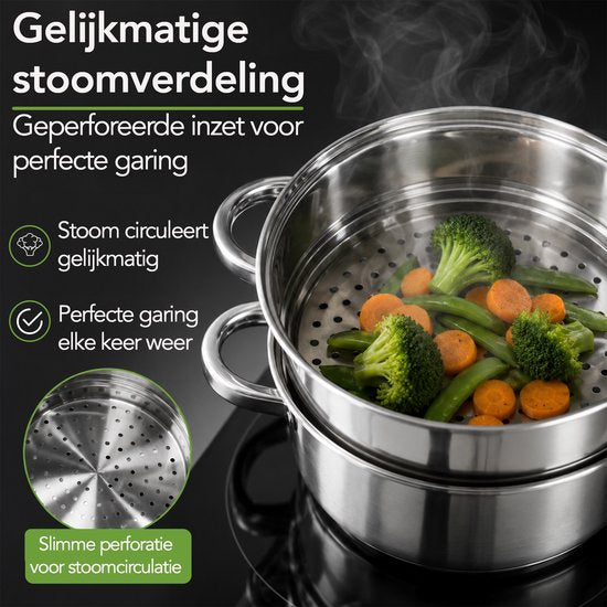 Aviro Stoompan - Glazen Deksel - 3,1L - 20 CM - Inductie En Gas - 3-Delige Rijst- En Groentestomer - RVS