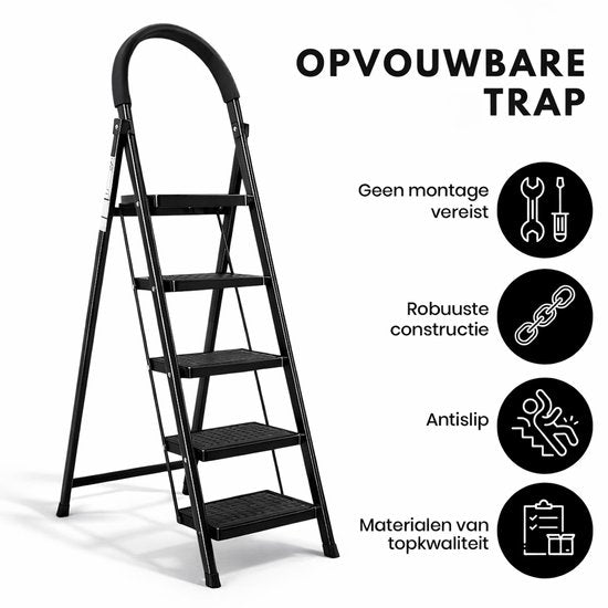 ToolX Huishoudtrap - Keukentrap - Staal - 5 treden - Inklapbaar - Anti-Slip - Opvouwbaar - Zwart