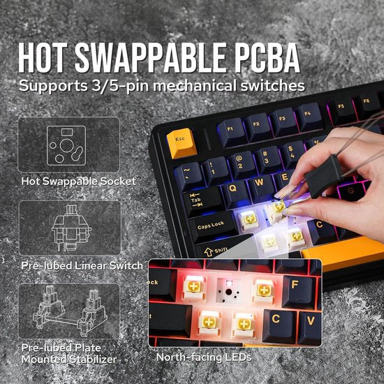 AULA F75 - Draadloze Gaming Toetsenbord - Mechanisch - Gasket - Hot Swap - QWERTY Toetsenborden - Tri mode - 80 Keys - Donder zwart