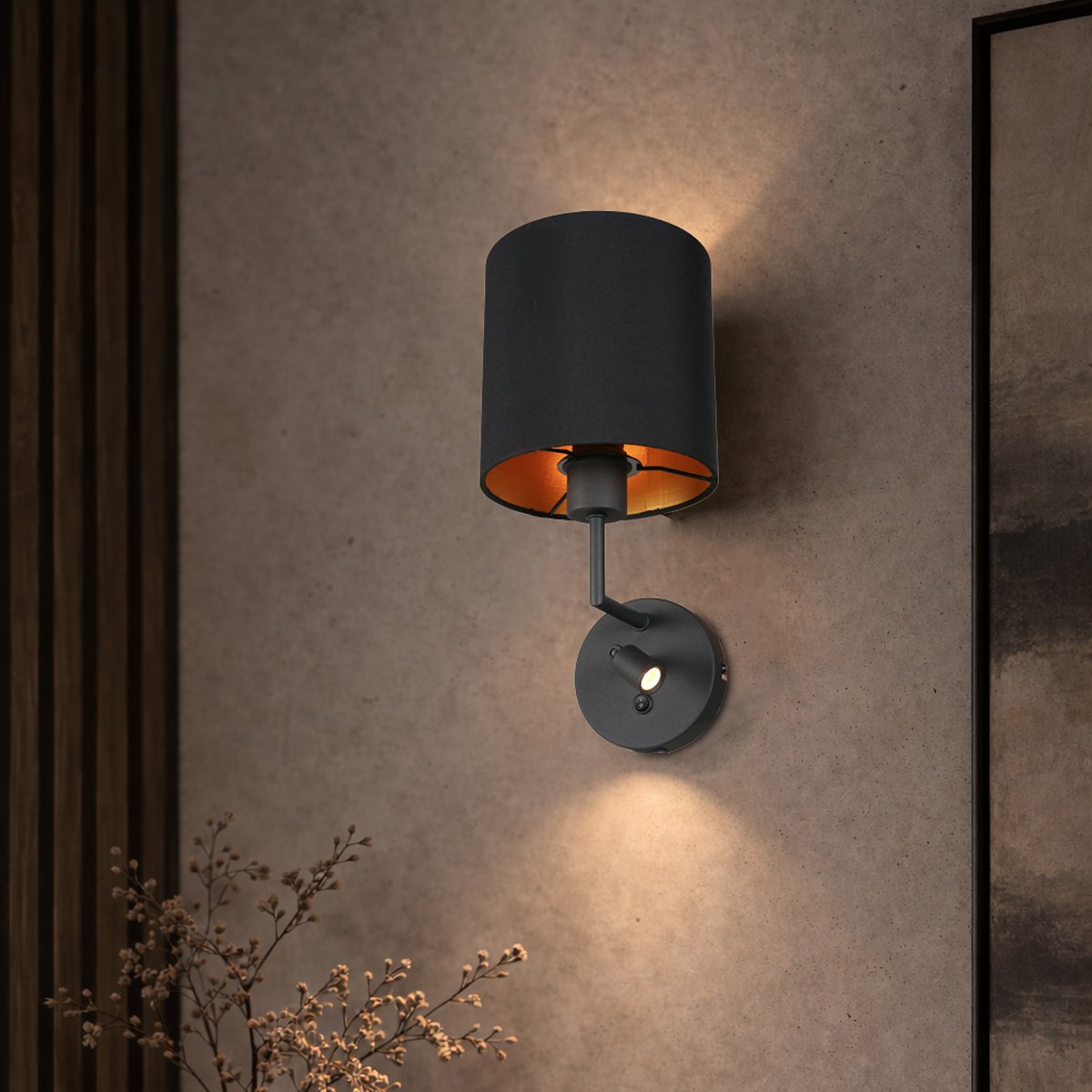 Wandlamp Noor 1562ZW - Verstelbaar met leeslampje, Goud/Zwart, Metaal/Textiel, Mexlite - Tijdloos Design voor Binnengebruik