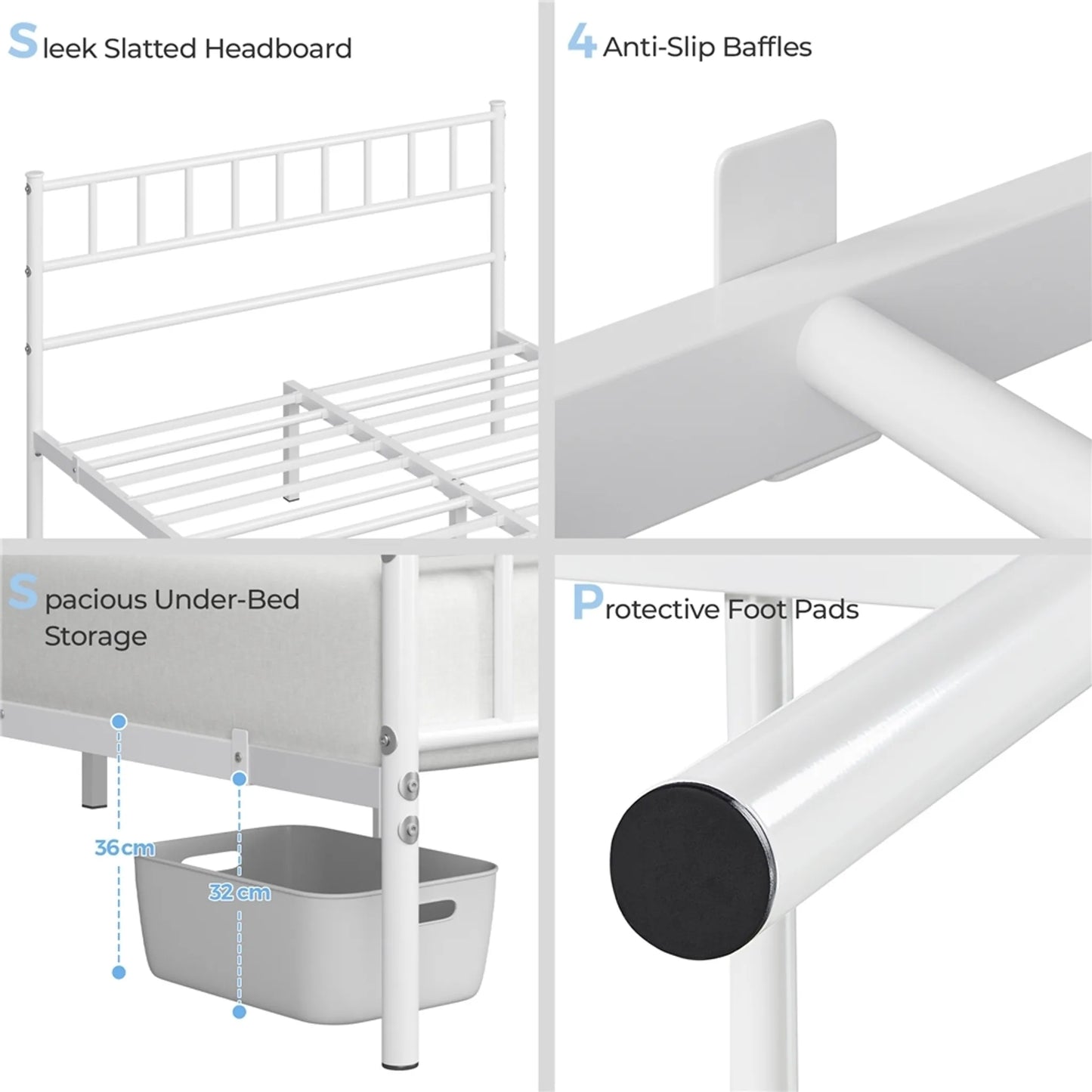 Yaheetech Metalen Bedframe 160 x 200 cm – Voorzien Van Hoog Hoofd- En Voetbord En 12 Metalen Latten En 32 cm Opbergruimte – Voor Slaapkamer En Logeerkamer – Wit Metaal – 207 x 162 x 88,5 cm