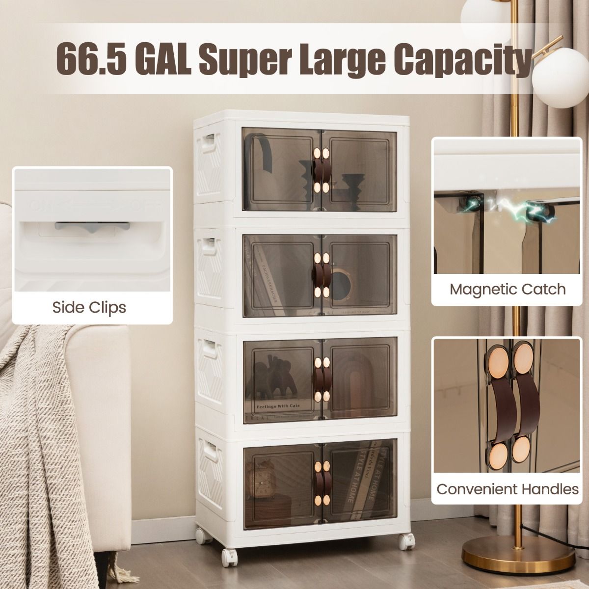 Coast Opbergkast - 4 Opvouwbare en Stapelbare Bakken - 49.5 x 31.5 x 112.5 cm - Wit met Bruin