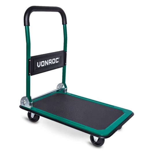 VONROC Plateauwagen Transportwagen TT502XX – 150 kg Draagvermogen Met Soft Grip Handvat En Inklapbaar Voetmechanisme – Voor Magazijn En Verhuizing – Gepoedercoat Staal En Rubber – 74 x 48 x 82 cm