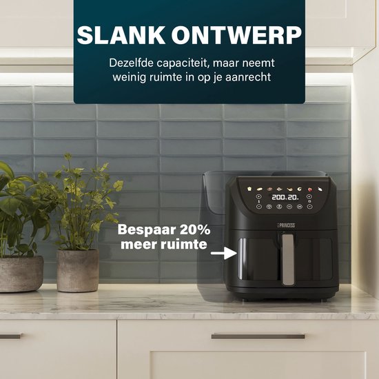 Princess 182257 SlimFry Airfryer - 8 L capaciteit - Doorzichtig kijkvenster - Digitaal touchscreen - 8 voorgeprogrammeerde instellingen - Compact design - 2000 W