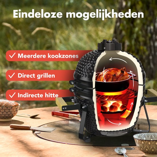 KitchenBrothers Kamado BBQ– Incl. Accessoires & Pizzasteen – 50 x 38,5 x 47 cm – Zwart