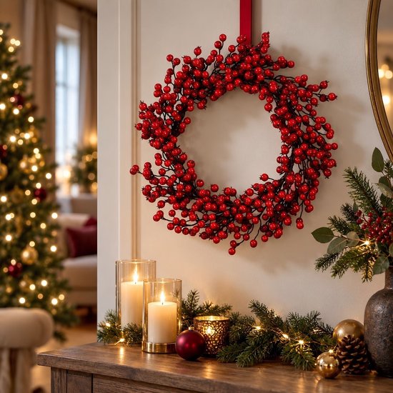 Mica Decorations Kerstversiering met Rode Besjes - Kerstkrans voor de Kerstsfeer in Huis - Ø50 cm van Foam Materiaal - Deurkrans voor Binnenshuis in de Kerstperiode - Rood