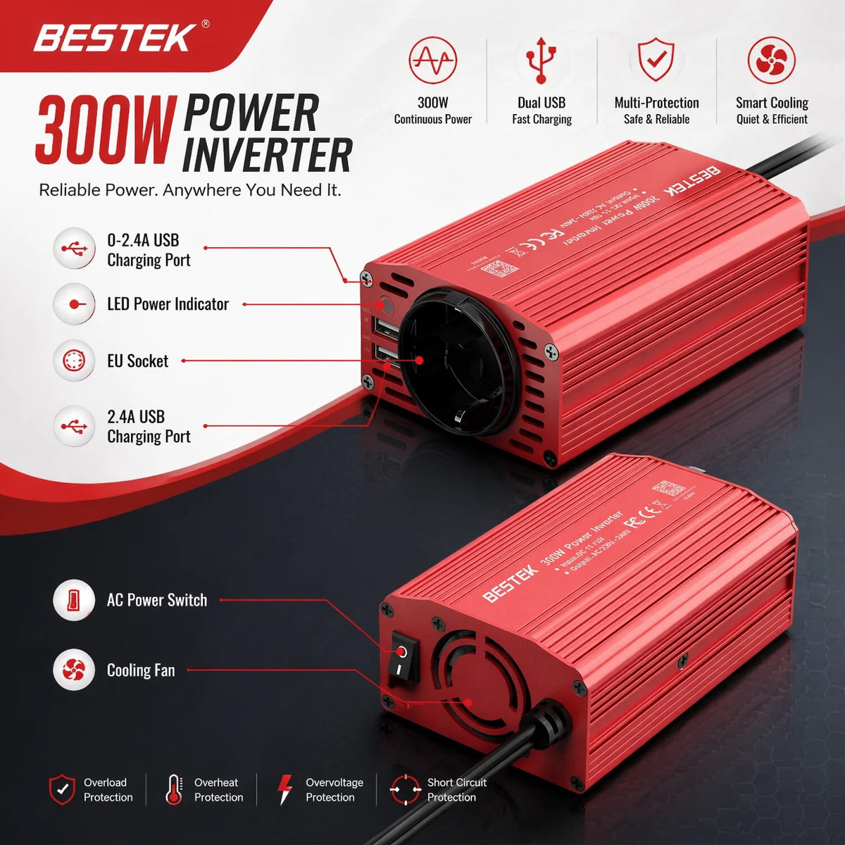 BESTEK 300W Omvormer 12V naar 230V – 2 USB-poorten & Stopcontact – Voor Auto, Camper en Onderweg – Rood