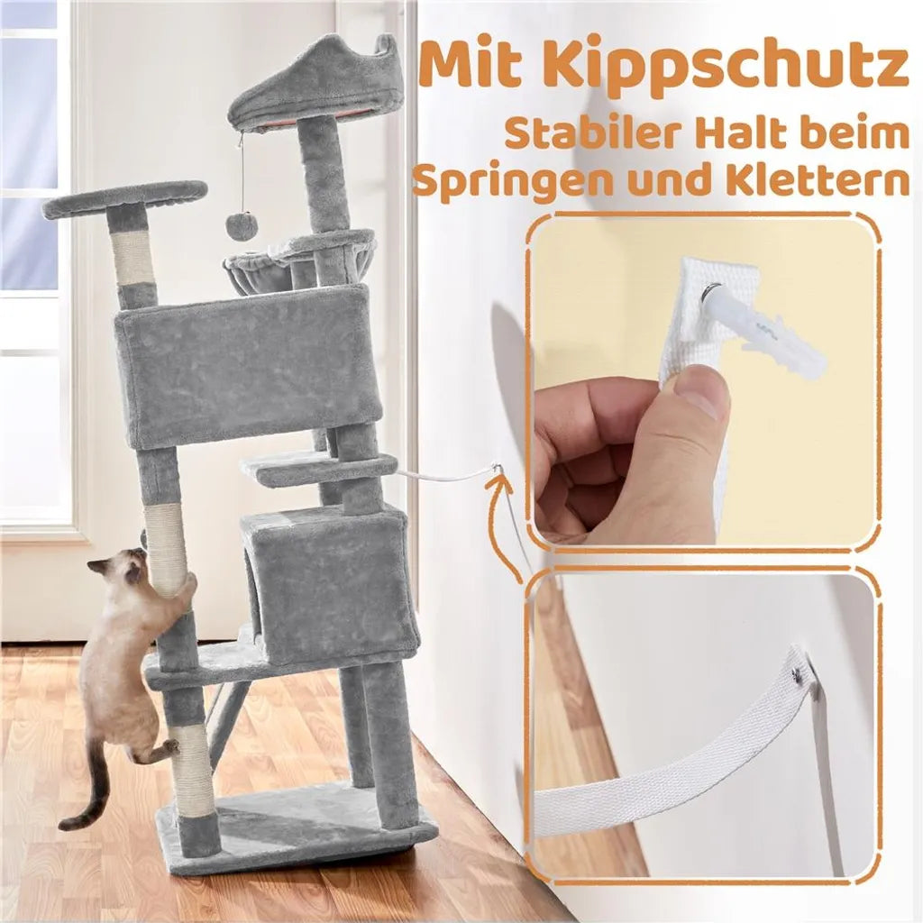 Yaheetech krabpaal 146 cm - met 2 kattenholen - 3 uitkijkplatforms - lichtgrijs