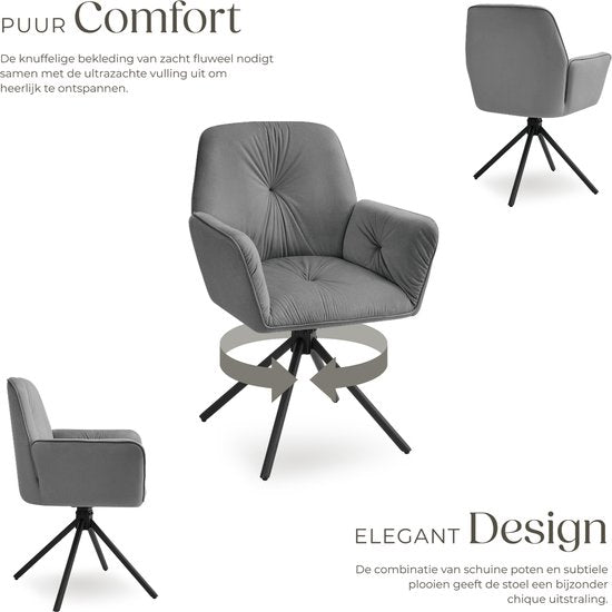 tectake® Draaifauteuil Lenia - Set van 2 Draaifauteuils met Armleuning - Draaibare Eetkamerstoel - Draaibare Fauteuils - Gestoffeerd - Fluweellook Antraciet/Zwart