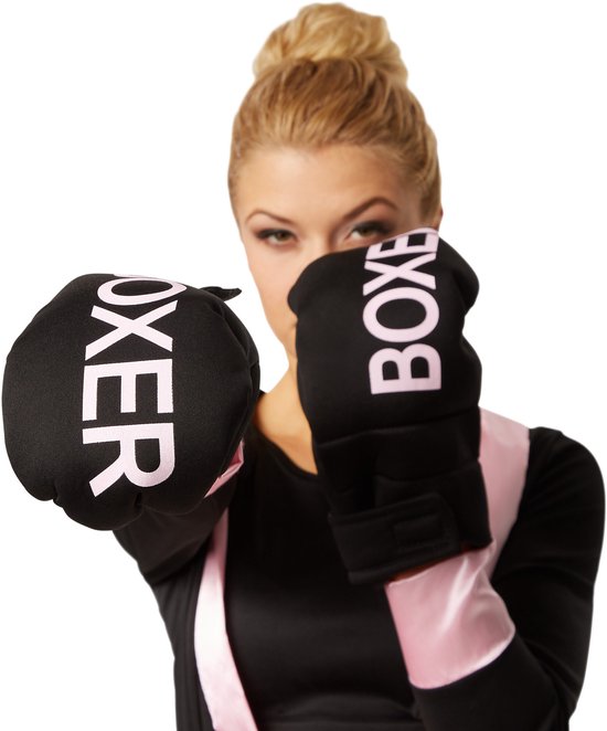Dressforfun Vrouwenkostuum bokser zwart / roze M - verkleedkleding kostuum halloween verkleden feestkleding carnavalskleding carnaval feestkledij partykleding - 301825