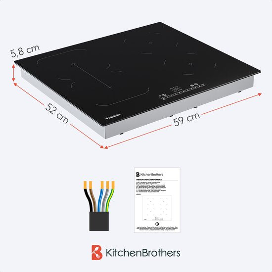 KitchenBrothers Inductiekookplaat – 4 Zones & Boostfunctie – 2400 W – 52 x 59 x 5,9 cm – Zwart