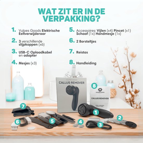 Vulpes Goods® BeautyCare – Elektrische Eeltverwijderaar PRO – 6 Eeltschijven – USB Oplaadbaar – IPX7