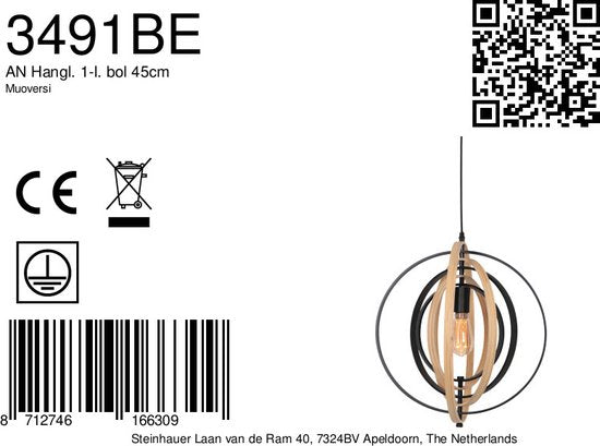 Anne Lighting - hanglamp - Muoversi - naturel - hout - Ø 45cm - E27 - 3491BE