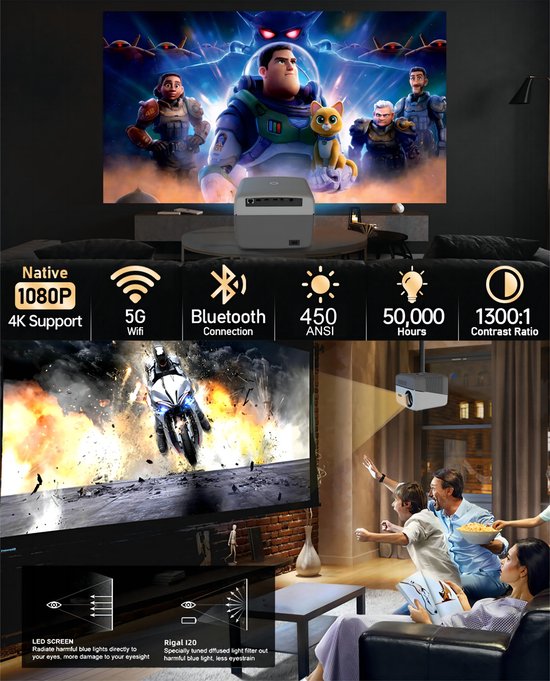 Fuegobird A6 Beamer - 1080P Full HD - Smart Home Projector - Ondersteuning 4K - Android TV 9.0 - 450 ANSI - Streamen met IOS & Android - Autofocus en 4D keystone - 2GB RAM+32GB ROM - WiFi6 - 2.4G/5G WiFi - BT5.0 - Netflix/Prime Video/Youtube - Grijs