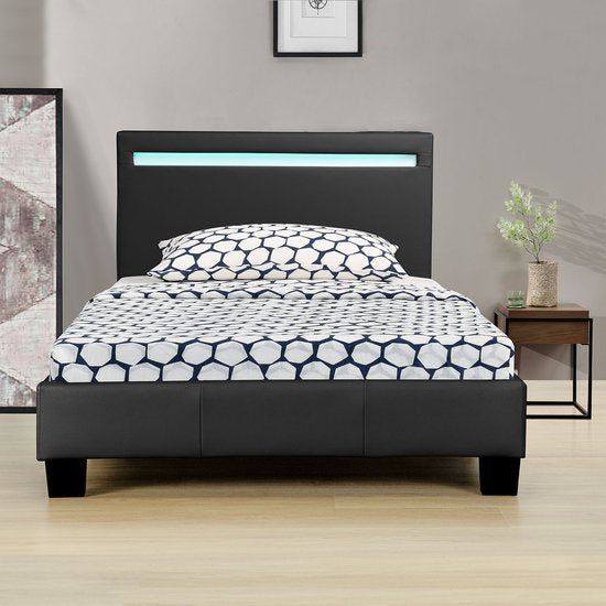 Gestoffeerd Bed Verona - 90 x 200 cm - Zwart - LED Verlichting