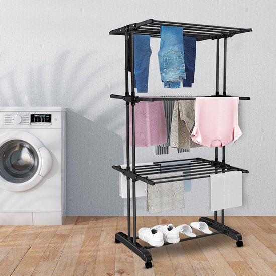 Vonia Droogrek - Wasrek - Droogtoren - Wastoren - 3 Lagen - Inklapbaar - 72x50x172 cm - Zwart