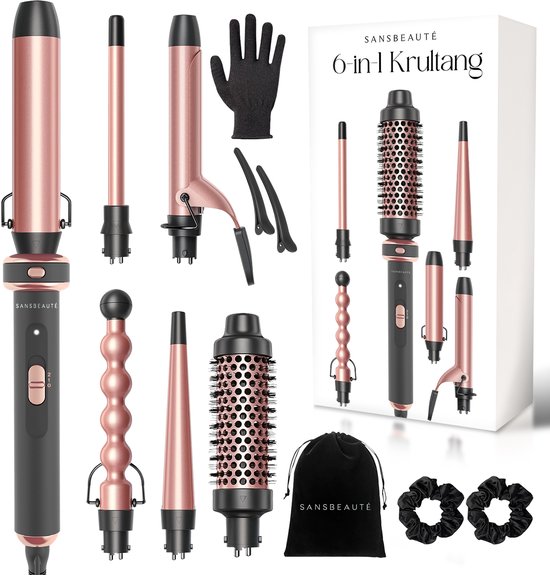 Sansbeauté® 6 in 1 Krultang met Klem - Keramische Haarkruller - 13mm tot 38mm - Föhnborstel Kort Haar - Warmteborstel - Krultangen - Thermal Brush - Haarstyler - Krulborstel 5 in 1