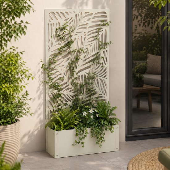 Mica Decorations Sapri Plantensteun - Plantenbak met Klimrek voor Klimplanten - Plantenstandaard Vrijstaand of tegen Muur - 57,5 x 21 x 118 cm - Off White