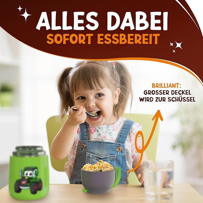 Funkelfuchs® Thermo beker voor kindervoeding - 500ml, groene trekker - 100% lekvrij - roestvrijstalen voedselwarmer - thermo beker voeding - thermo lunch box kinderen - baby voedselwarmer