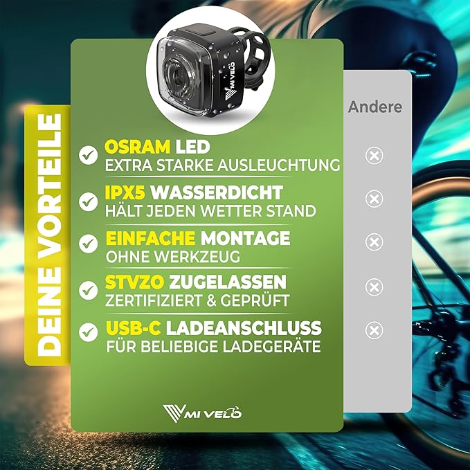 MIVELO Fietslamp – USB Oplaadbaar & 100% Waterdicht – IPX5 – Zwart