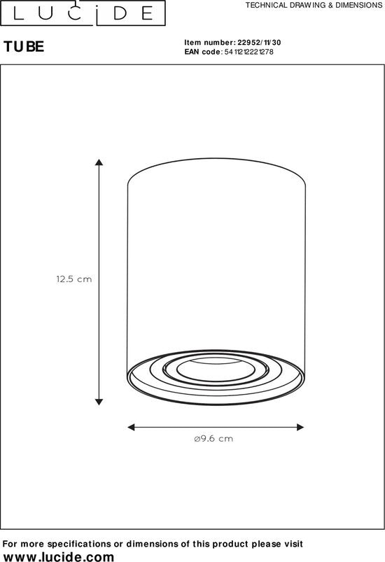 Lucide TUBE 1 Plafondspot - Ø 9,6 cm - GU10 - Zwart