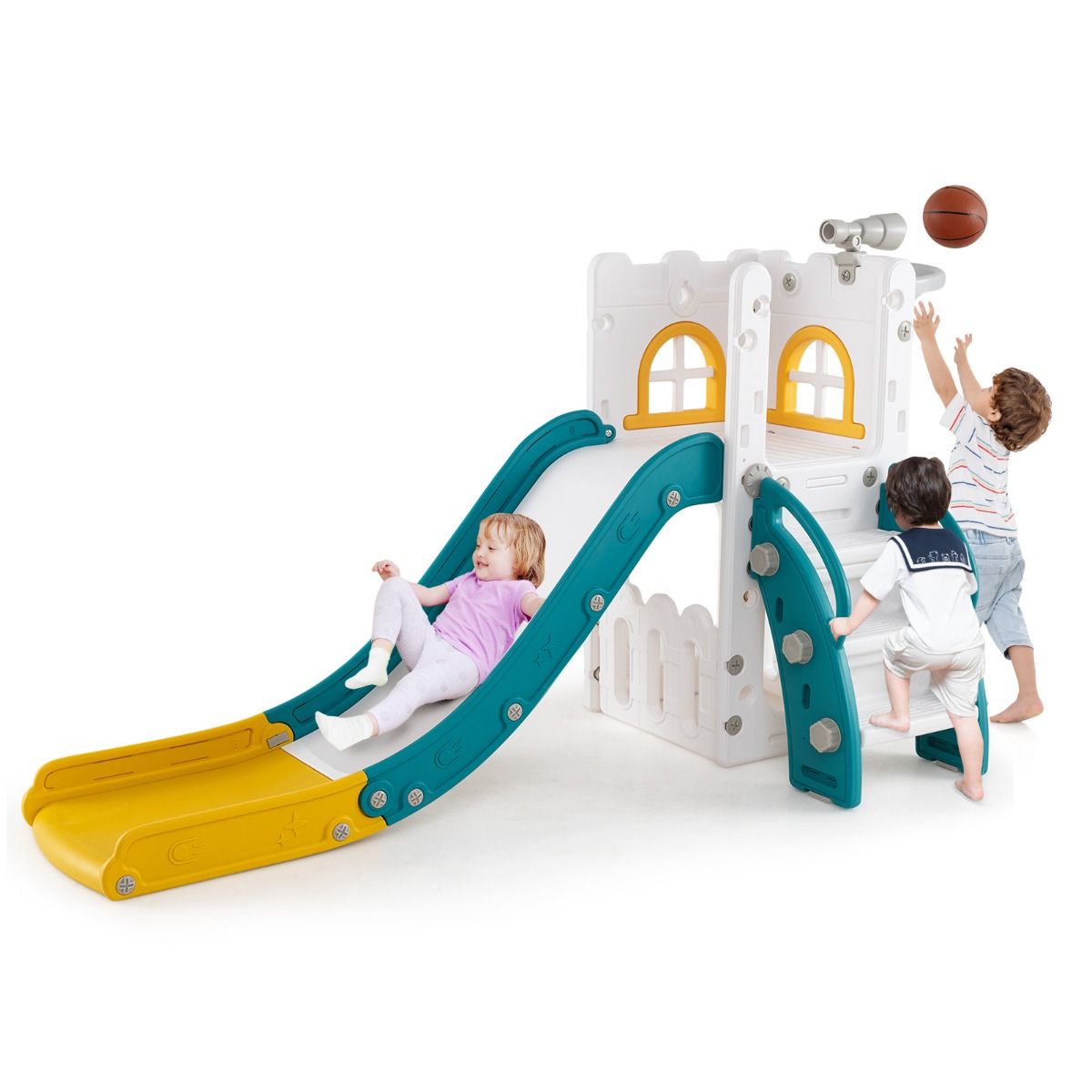 Coast 6-in-1 Kinderglijbaan - met basketbalring en telescoop - L-vorm - groen