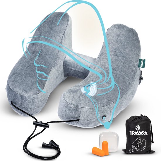 TRAVARA Opblaasbaar Nekkussen - The Airsnoozer - Reiskussen - Voor Vliegtuig en Auto - Met Oordoppen - Nek Kussen - Grijs