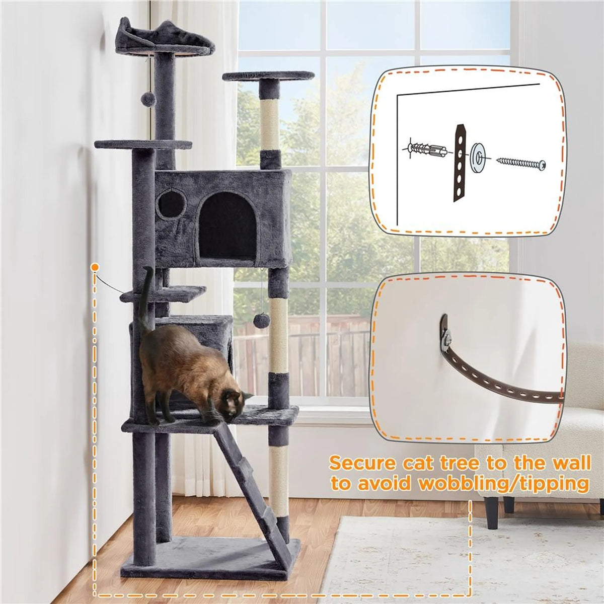 Yaheetech Krabpaal XXL Met Twee Kattenmanden – Voorzien Van Klimhelling En Ligkussen In Kattenoorvorm En Hangende Speelballen – Voor Huishoudens Met Meerdere Katten – Donkergrijs Pluche En Sisal – 59,5 x 55 x 202,5 cm