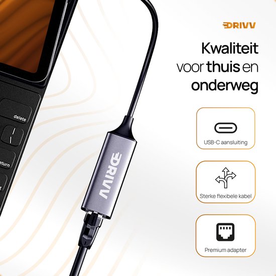 Drivv. USB-C naar Ethernet Adapter / Internet / Netwerk - 10/100/1000 MBps - Grijs