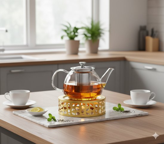 Vaja® Warmhoudplaat met Waxinelichtje voor Theepot - Warmhouder met Kaars - Theelichthouder - Thee Warmer Theelicht - Tea Maker - Verwarmer - Goud