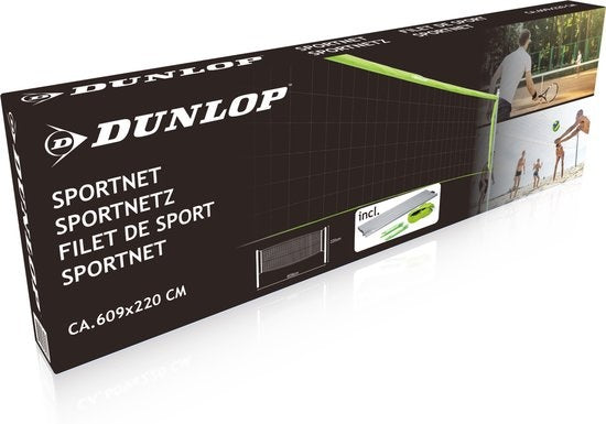Dunlop Sportnet 609 x 220 CM - Volleybalnet - Tennisnet - Badmintonnet - Complete Set met Stokken, Net, Grondpinnen en Spanner Touwen - Multifunctioneel Inzetbaar - Groen/Zwart