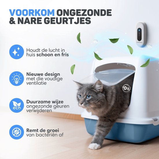 Vulpes Goods® Pets - Kattenbak Geurverdrijver - Kattengeurverwijderaar - Actieve zuurstof, ozon & ionen - Oplaadbaar - Air Eliminator - Wit - PRO versie