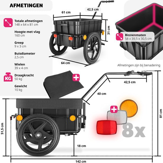 tectake® 2-in-1 fietskar - Bagagekar en duwwagen - Aanhangwagen voor fiets, mountainbikes en eBike - Transportwagen met trekhaak - Met zeildoek en luchtbanden - Belastbaar tot 50kg